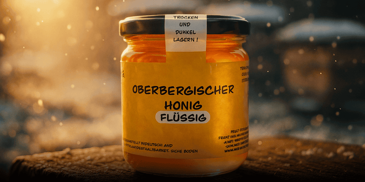 Ein warmer Sonnenstrahl trifft auf das Glas „Oberbergischer Honig“. Zwischen frostigen Beuten glitzert der erste Schnee – ein stiller Moment echter Handarbeit.