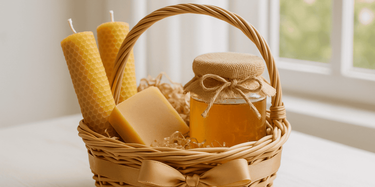 Geschenkkorb mit Honigglas, Bienenwachskerzen und Seifenstück auf hellem Tisch, im Hintergrund weiches Tageslicht, Imkerei Frapé