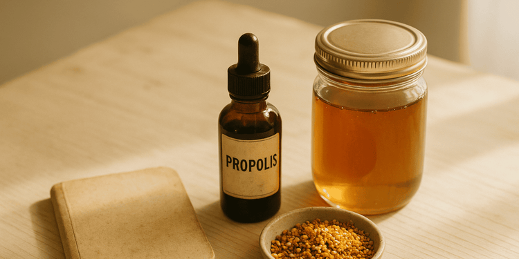 Propolis-Tropfen und Blütenpollen im Glas, natürliche Farben, Holzuntergrund, Imkerei Frapé.