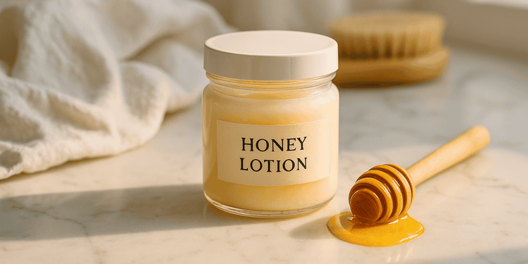 Glas mit Honig-Lotion neben Honiglöffel auf Marmoroberfläche, warmes Licht, Imkerei Frapé – Naturpflege mit Honig & Propolis