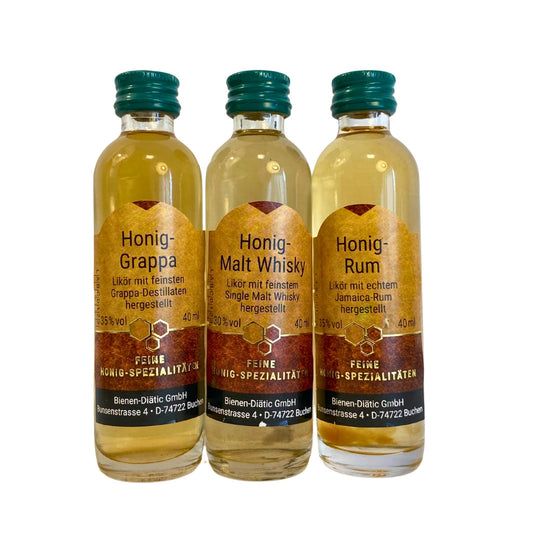 3er Set Honig-Liköre – Rum, Grappa & Malt Whisky (je 40 ml)