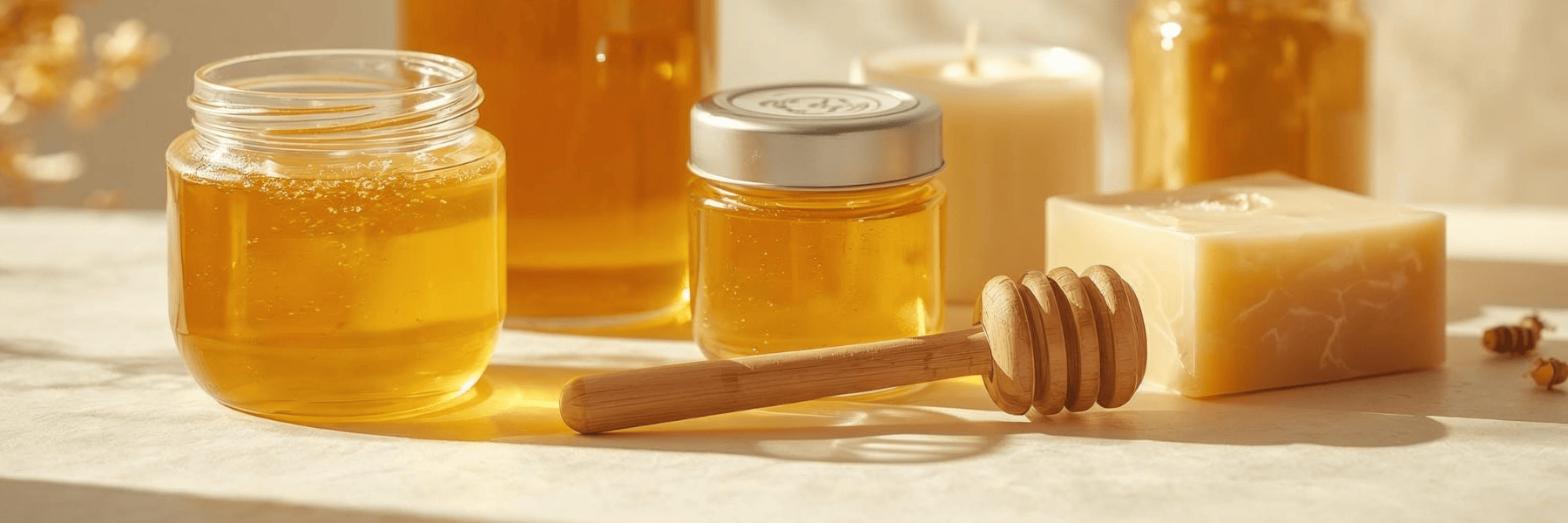 Handwerklich arrangierter Honig mit Honigwabe und Honiglöffel in warmem Licht auf hellem Hintergrund.